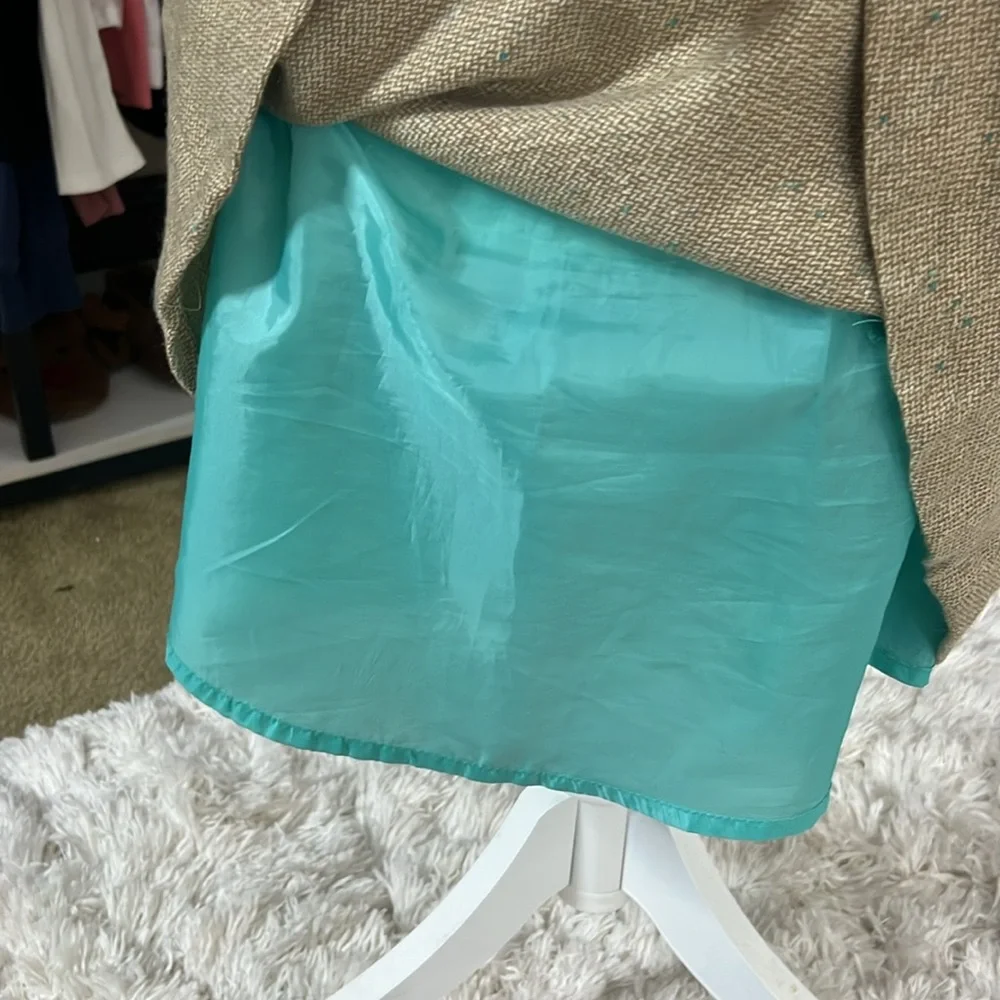 Tan and teal, fully lined wool mini skirt, size 4